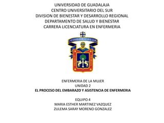 UNIVERSIDAD DE GUADALAJA
CENTRO UNIVERSITARIO DEL SUR
DIVISION DE BIENESTAR Y DESARROLLO REGIONAL
DEPARTAMENTO DE SALUD Y BIENESTAR
CARRERA LICENCIATURA EN ENFERMERIA
ENFERMERIA DE LA MUJER
UNIDAD 2
EL PROCESO DEL EMBARAZO Y ASISTENCIA DE ENFERMERIA
EQUIPO 4
MARIA ESTHER MARTINEZ VAZQUEZ
ZULEMA SARAY MORENO GONZALEZ
 