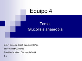 Equipo 4
Tema:
Glucólisis anaerobia
Q.B.P Griselda Giseh Sánchez Cañas
Issac Yáñez Quiñónez
Priscilla Caballero Córdova 247469
1-5
 