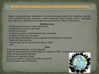 México buscaba participar activamente en todos los bloques económicos, establecer acuerdos
  que le permitan asegurar mercados y atraer inversiones, México adopta nuevas estrategias
  para adecuarse y aprovechar las ventajas de los cambios al contexto internacional
                                       Modificaciones
 Consejo económico de la cuenca del Pacífico
 Cooperación Económica del Pacifico
 Se afirma el acuerdo
 Se afirma el acuerdo de Complementación económica
 Acuerdo de marco de Cooperación
 Acuerdo Marco Multilateral para el programa de Liberalización Comercial
 Tratado del Libre comercio
 Firma de grupo de los tres (entra en vigor en 1995)
 OCD
                                            Leyes
Taza general al impuesto al valor agregado
Sistema de pensiones para los trabajadores afiliados al IMSS , entrando en vigor en 1997
Plan de Saneamiento Financiero
Reforma de Seguridad Social
Ley para prevenir y sancionar la trata de personas
Ley de Ingresos de la Federación.
 
