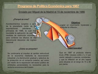 Enviado por Miguel de la Madrid el 15 de noviembre de 1986

        ¿Porqué se crea?
                                                                   Objetivo
Acontecimientos surgidos a partir
                                                      Lograr un crecimiento moderado y
de la precipitada caída de las
                                                      controlar la inflación.
exportaciones       petroleras      a
principios de 1986, la cual hizo
inevitable la aplicación de estrictas
medidas de restricción económica
para contener los efectos de ese
descomunal descenso del ingreso
nacional


               ¿Cómo se presenta?                              ¿Qué buscaba?

 Se continuaría el impulso al cambio estructural      Que en 1987 el producto interno
 de la economía mediante la reconversión              bruto (PIB) creciera entre 2 y 3 por
 industrial y la disminución gradual y selectiva de   ciento valuado a precios constantes,
 la protección en el comercio exterior, así como      y que la inflación en el año bajara
 por medio de la separación del sector público de     para situarse en el rango de 70 a 80
 entidades paraestatales no necesarias para la        por ciento.
 rectoría económica del Estado.
 