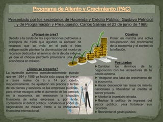 Presentado por los secretarios de Hacienda y Crédito Público, Gustavo Petricioli
    , y de Programación y Presupuesto, Carlos Salinas el 23 de junio de 1986

                 ¿Porqué se crea?                                              Objetivo
 Debido a la caída de las exportaciones petroleras a               Poner en marcha una activa
 principios de 1986 que agudizó la escasez de                      recuperación del crecimiento
 recursos que se vivía en el país e hizo                           de la economía y el control de
 indispensable plantear la disminución del monto de                la inflación.
 recursos dedicados al servicio de la deuda externa,
 ya que el choque petrolero provocaría una caída
 económica en méxico.
                                                                       Postulados
                                                         ►Cambiar      los   términos   de   la
                ¿Cómo se presenta?                       negociación con los acreedores de la
La inversión aumento considerablemente, puesto           deuda externa.
que en 1984 y 1985 ya había sido capaz de crecer         ► Asegurar una tasa de crecimiento de
a tasas reales de 9 y 14 por ciento,                     la economía.
respectivamente. Se ajustaron los precios y tarifas      ►Hacer descender las tasas de interés
de los bienes y servicios de las empresas públicas,      nacionales y liberalizar el crédito al
para evitar rezagos ante el aumento de los precios       sector privado.
en la economía, así mejoraron la situación               ►Alentar la inversión privada.
financiera de estas empresas y, por ende,                ►Revisar la política de ingresos del
controlaron el déficit público. Fortaleció el poder de   sector público, para fortalecer sus
negociación de méxico frente a la comunidad              recursos.
financiera internacional.                                ►Reorientar el gasto público.
 
