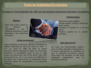Firmado el 15 de diciembre de 1987 por los sectores productivos del país y el gobierno

                                                                              Planteamientos

             Objetivo                                               •Disminuir el gasto público.
                                                                    •Ajustar salarios, precios y tarifas del
   Evitar que el país cayera en                                     sector público.
   una         situación      de                                    •Devaluar la moneda en un 22 por
   hiperinflación y que la                                          ciento.
   población percibiera el poder                                    •Realizar ajustes en la paridad
   adquisitivo y las condiciones                                    cambiaria.
   de empleo.

                  ¿Cómo se presento?
                                                                      ¿Qué paso con él?
  Logró estabilizar la economía del país, se controló la
  inflación bajándola de 159.2 por ciento en 1987, a        No contó con financiamiento externo,
  51.7 por ciento en 1988, las tasas de interés             pues el fondo monetario internacional y
  bancarias también empezaron a bajar y el crecimiento      la banca internacional no confiaban en
  económico se reestableció luego de que en 1986            que el programa económico pudiera
  tuviera una disminución del 3.8 por ciento. Para 1987     tener éxito, sin embargo el PSE logró
  el crecimiento fue del 1.7 por ciento y en 1988 del 1.3   resultados    satisfactorios para    la
  por ciento, que a pesar de ser un crecimiento mínimo      economía mexicana.
  vislumbró signos de recuperación en la economía
  mexicana.
 
