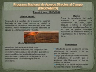 Toma inicio en 1988-1994
                 ¿Porqué se crea?                                            Objetivo
                                                               Frenar la degradación del medio
Responde a la apertura de la economía nacional.                ambiente      al     promover       la
Derivado de este nuevo entorno se planteó la                   conservación del suelo, agua,
modernización del campo mexicano que, entre otras              bosques y selvas; la conversión
reformas, implicó modificar el esquema tradicional de          productiva de aquellas superficies en
apoyos al sector agropecuario y forestal.                      las que es posible establecer
                                                               actividades de rentabilidad mayor; la
                                                               regularización de la tenencia de la
                                                               tierra.


               ¿Cómo se presenta?
                                                                    Lineamientos
Mecanismo de transferencia de recursos
internacionalmente aceptado, para compensar a los       El subsidio que se canaliza no provoca
productores nacionales por los subsidios que reciben    distorsiones de mercado ni de los
sus competidores, en sustitución del esquema de         precios de los productos.
subsidios basado en los precios de garantía, el cual    poyo que no influye en las decisiones
no beneficiaba a un número importante de                de producción, al permitir que el
productores                                             productor elija libremente el tipo de
                                                        cultivo que siembra
                                                        incorporar a un sector de productores
                                                        rurales más amplio y diversificado.
 