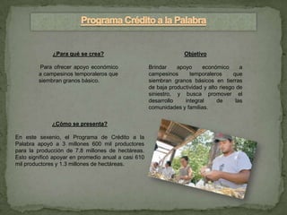¿Para qué se crea?                                   Objetivo

         Para ofrecer apoyo económico                Brindar    apoyo     económico        a
         a campesinos temporaleros que               campesinos      temporaleros       que
         siembran granos básico.                     siembran granos básicos en tierras
                                                     de baja productividad y alto riesgo de
                                                     siniestro, y busca promover el
                                                     desarrollo    integral      de      las
                                                     comunidades y familias.

              ¿Cómo se presenta?

En este sexenio, el Programa de Crédito a la
Palabra apoyó a 3 millones 600 mil productores
para la producción de 7.8 millones de hectáreas.
Esto significó apoyar en promedio anual a casi 610
mil productores y 1.3 millones de hectáreas.
 