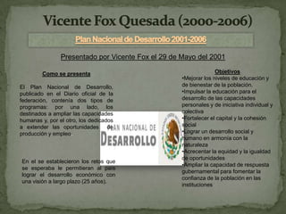 Presentado por Vicente Fox el 29 de Mayo del 2001

        Como se presenta                                          Objetivos
                                                    •Mejorar los niveles de educación y
El Plan Nacional de Desarrollo,                     de bienestar de la población.
publicado en el Diario oficial de la                •Impulsar la educación para el
federación, contenía dos tipos de                   desarrollo de las capacidades
programas: por una lado, los                        personales y de iniciativa individual y
destinados a ampliar las capacidades                colectiva
humanas y, por el otro, los dedicados               •Fortalecer el capital y la cohesión
a extender las oportunidades de                     social
producción y empleo.                                •Lograr un desarrollo social y
                                                    humano en armonía con la
                                                    naturaleza
                                                    •Acrecentar la equidad y la igualdad
                                                    de oportunidades
En el se establecieron los retos que
                                                    •Ampliar la capacidad de respuesta
se esperaba le permitieran al país
                                                    gubernamental para fomentar la
lograr el desarrollo económico con
                                                    confianza de la población en las
una visión a largo plazo (25 años).
                                                    instituciones
 