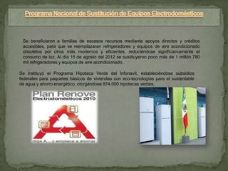 Se beneficiaron a familias de escasos recursos mediante apoyos directos y créditos
 accesibles, para que se reemplazaran refrigeradores y equipos de aire acondicionado
 obsoletos por otros más modernos y eficientes, reduciéndose significativamente el
 consumo de luz. Al día 15 de agosto del 2012 se sustituyeron poco más de 1 millón 780
 mil refrigeradores y equipos de aire acondicionado.

Se instituyó el Programa Hipoteca Verde del Infonavit, estableciéndose subsidios
federales para paquetes básicos de viviendas con eco-tecnologías para el sustentable
de agua y ahorro energético, otorgándose 874.000 hipotecas verdes.
 