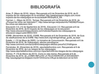 BIBLIOGRAFÍA
Arias, P. (Mayo de 2016). bligoo. Recuperado el 6 de Diciembre de 2016, de El
impacto de los videojuegos en la sociedad: http://geeksenjapon.bligoo.com.mx/el-
impacto-de-los-videojuegos-en-la-sociedad#.WEboqRLD_KA
Carmen, L. (Mayo de 2010). Taringa. Recuperado el 6 de Diciembre de 2016, de
¿Porque los niños ven televisión?.: http://www.taringa.net/posts/info/7482982/Porque-
los-ninos-ven-television.html
Educación 3.0. (12 de Septiembre de 2016). Educación 3.0. Recuperado el 6 de
Diciembre de 2016, de El impacto de los videojuegos en la educación:
http://www.educaciontrespuntocero.com/noticias/impacto-los-videojuegos-la-
educacion-segun-poki/39053.html
ESRB. (Noviembre de 2016). ESRB. Recuperado el 6 de Diciembre de 2016, de Guia
de clasificaciones de la ESRB: http://www.esrb.org/ratings/ratings_guide_sp.aspx
Estallo, J. (12 de Mayo de 2005). La Iniciativa de Comunicación. Recuperado el 6 de
Diciembre de 2016, de Videojuegos: efectos psicológicos:
http://www.comminit.com/la/content/videojuegos-efectos-psicol%C3%B3gicos
Fernández, M. (Diciembre de 2016). elportaldelhombre.com. Recuperado el 6 de
Diciembre de 2016, de Los riesgos de los videojuegos:
http://www.elportaldelhombre.com/con-hijos/item/444-los-riesgos-de-los-videojuegos
Gómez, P. (18 de Marzo de 2013). Como la vida misma. Recuperado el 6 de
Diciembre de 2016, de ¿CÓMO INFLUYE LA TELEVISIÓN EN LA SOCIEDAD?:
http://paulag2garcia.blogspot.mx/2013/03/como-influye-la-television-en-la.html
 