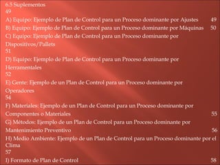 6.5 Suplementos  49 A) Equipo: Ejemplo de Plan de Control para un Proceso dominante por Ajustes  49 B) Equipo: Ejemplo de Plan de Control para un Proceso dominante por Máquinas  50 C) Equipo: Ejemplo de Plan de Control para un Proceso dominante por Dispositivos/Pallets  51 D) Equipo: Ejemplo de Plan de Control para un Proceso dominante por Herramentales  52 E) Gente: Ejemplo de un Plan de Control para un Proceso dominante por Operadores  54 F) Materiales: Ejemplo de un Plan de Control para un Proceso dominante por Componentes o Materiales  55 G) Métodos: Ejemplo de un Plan de Control para un Proceso dominante por Mantenimiento Preventivo  56 H) Medio Ambiente: Ejemplo de un Plan de Control para un Proceso dominante por el Clima  57 I) Formato de Plan de Control  58 J) Checklist de un Plan de Control  59 K) Hoja de Trabajo para Características Especiales de un Plan de Control  60 L) Coordenadas de Puntos de Datos  62 
