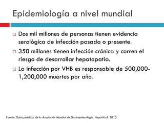 Epidemiología a nivel mundial
 Dos mil millones de personas tienen evidencia
serológica de infección pasada o presente.
 350 millones tienen infección crónica y corren el
riesgo de desarrollar hepatopatía.
 La infección por VHB es responsable de 500,000-
1,200,000 muertes por año.
Fuente: Guías prácticas de la Asociación Mundial de Gastroenterología. Hepatitis B. 2010
 