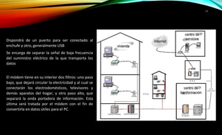 Dispondrá de un puerto para ser conectado al 
enchufe y otro, generalmente USB 
Se encarga de separar la señal de baja frecuencia 
del suministro eléctrico de la que transporta los 
datos 
El módem tiene en su interior dos filtros: uno paso 
bajo, que dejará circular la electricidad y al cual se 
conectarán los electrodomésticos, televisores y 
demás aparatos del hogar; y otro paso alto, que 
separará la onda portadora de información. Esta 
última será tratada por el módem con el fin de 
convertirla en datos útiles para el PC. 
19 
 