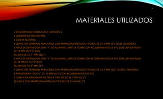 MATERIALES UTILIZADOS 
1 ESTACIÓN MULTILÍNEA CLASE I DIVISIÓN 1 
2 CUBIERTA DE PROTECCIÓN 
3 CASETA ACÚSTICA 
4 CONECTOR TERMINAL PARA CABLE CON ARMADURA METALICA TIPO MC DE 25.4 MM (1”) CLASE I DIVISIÓN 1 
5 NIPLE DE DERIVACIÓN TIPO “Y” DE ALUMINIO LIBRE DE COBRE CON RECUBRIMIENTO DE PVC CON UNA ENTRADA 
DE 19 MM (3/4”) Y DOS 
SALIDAS DE 12.7” MM (1/2”) 
6 NIPLE DE DERIVACIÓN TIPO “Y” DE ALUMINIO LIBRE DE COBRE CON RECUBRIMIENTO DE PVC CON UNA ENTRADA 
DE 38 MM (1 1/2”) Y DOS 
SALIDAS DE 25.4” MM (1”) 
7 CONECTOR TERMINAL PARA CABLE CON ARMADURA METALICA TIPO MC DE 12.7 MM (1/2”) CLASE I DIVISIÓN 1 
8 ABRAZADERA TIPO “U” DE 19 MM (3/4”) CON RECUBRIMIENTO DE PVC 
9 CABLE CON ARMADURA METALICA TIPO MC DE 12.7 MM (1/2”) 
10 CABLE CON ARMADURA METÁLICA TIPO MC DE 25.4 MM (1”) 
4 
 
