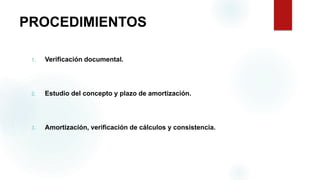 PROCEDIMIENTOS
1. Verificación documental.
2. Estudio del concepto y plazo de amortización.
3. Amortización, verificación de cálculos y consistencia.
 