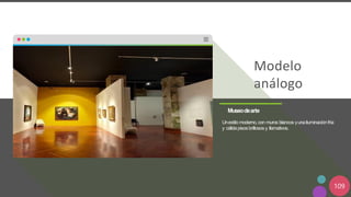 109
Museodearte
Unestilo moderno,con muros blancos yunailuminaciónfría
y cálidapisosbrillosos y llamativos.
Modelo
análogo
 