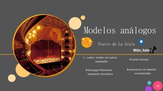26
Modelos análogos
Teatro de La Scala
❖ cuatro niveles con palcos
separados
❖canal cóncavo
❖Giuseppe Piermarini,
arquitecto neoclásico
❖estructura con diseños
ornamentales
Milán, Italia
 