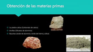 Obtención de las materias primas
 La piedra caliza (Carbonato de calcio)
 Arcillas (Silicatos de aluminio)
 Bauxitas (óxido de aluminio, óxido de hierro y sílice)
 