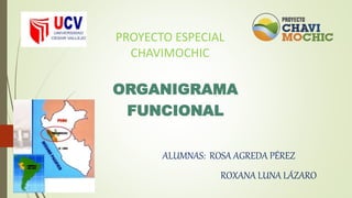 PROYECTO ESPECIAL
CHAVIMOCHIC
ORGANIGRAMA
FUNCIONAL
ALUMNAS: ROSA AGREDA PÉREZ
ROXANA LUNA LÁZARO
 