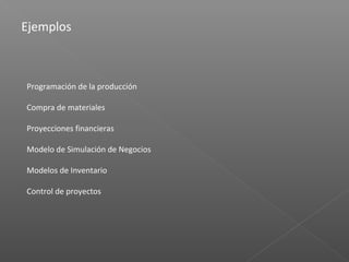 Ejemplos
Programación de la producción
Compra de materiales
Proyecciones financieras
Modelo de Simulación de Negocios
Modelos de Inventario
Control de proyectos
 