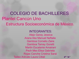 COLEGIO DE BACHILLERES
Plantel Cancún Uno
 Estructura Socioeconómica de México.
                 INTEGRANTES:
                 Alejo Garay Jessica
             Arana Ake Manuel Neftalie
               Gamboa Cornelio Zaire
               Gamboa Tamay Goretti
              Martin Escalante Amairani
              Pech Mex Elisa Gabriela
             Rojas Canche Cristina Sarai
     Tadeo Arévalo Laura Citlali           4º “A”
 