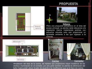 N




                                                              Sótano
                                         •Para una propuesta paisajística en el área del
                                         acceso principal, se planteo darle relevancia a la
                                         vegetación interna implantando jardines con
                                         pequeños arbustos para que proporcione un
                                         agradable ambiente a los que ingresan a la
                                         vivienda.




                                                 Cocina                     Comedor
•Ampliación del área de la cocina, de manera que proporcione mayor incidencia de los
vientos e iluminación en el comedor, por otra parte también se plantea la eliminación del
baño 3 para poder ubicar el patio de acuerdo a la modificación que se le hizo a la cocina.
 