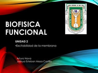 BIOFISICA
FUNCIONAL
UNIDAD 2
•Excitabilidad de la membrana
Arturo Nava
Joshua Esteban Meza Castillo
 