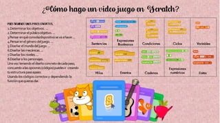 ¿Cómo hago un video juego en Scratch?
Puessiguiendounospasosconcretos.
1.Determinar losobjetivos. ...
2.Determinarelpúblicoobjetivo....
3.Pensarenquéconsola/dispositivosevaahacer....
4.Pensarenel génerodeljuego....
5.Diseñarelmundodeljuego....
6.Diseñar lasmecánicas....
7.Diseñar losniveles....
8.Diseñara lospersonajes.
Unavez teniendoeldiseñoconcretodecadapaso,
concuerdoalasopciones(códigos)puedesir creando
tuestructurapasoapaso.
Usandoloscódigoscorrectos y dependiendo la
funciónquequierasdar.
 