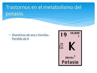 Trastornos en el metabolismo del
potasio.

Diureticos de asa y tiacidas.
Perdida de K

 
