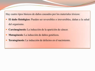 Hay cuatro tipos básicos de daños causados por los materiales tóxicos:

 El daño fisiológico: Pueden ser reversibles o irreversibles, dañan a la salud
  del organismo.

 Carcinogénesis: La inducción de la aparición de cáncer.

 Mutagénesis: La inducción de daños genéticos.

 Teratogénesis: La inducción de defectos en el nacimiento.
 