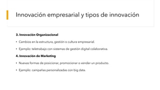Innovación empresarial y tipos de innovación
3. Innovación Organizacional
• Cambios en la estructura, gestión o cultura empresarial.
• Ejemplo: teletrabajo con sistemas de gestión digital colaborativa.
4. Innovación de Marketing
• Nuevas formas de posicionar, promocionar o vender un producto.
• Ejemplo: campañas personalizadas con big data.
 