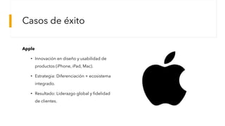 Casos de éxito
Apple
• Innovación en diseño y usabilidad de
productos (iPhone, iPad, Mac).
• Estrategia: Diferenciación + ecosistema
integrado.
• Resultado: Liderazgo global y fidelidad
de clientes.
 