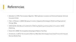Referencias
• Altshuller, G. (1999). The Innovation Algorithm: TRIZ, Systematic Innovation and Technical Creativity. Technical
Innovation Center
• Tidd, J., & Bessant, J. (2020). Managing Innovation: Integrating Technological, Market and Organizational
Change. Wiley
• OECD (2018). Oslo Manual: Guidelines for Collecting, Reporting and Using Data on Innovation. OECD
Publishing
• Porter, M. E. (2008). The Competitive Advantage of Nations. Free Press
• Christensen, C. (2016). The Innovator’s Dilemma: When New Technologies Cause Great Firms to Fail. Harvard
Business Review Press
 