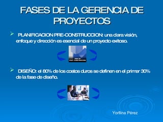FASES DE LA GERENCIA DE PROYECTOS PLANIFICACION PRE-CONSTRUCCION: una clara visión, enfoque y dirección es esencial de un proyecto exitoso. DISEÑO: el 80% de los costos duros se definen en el primer 30% de la fase de diseño. Yorllina Pérez 