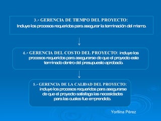 3.- GERENCIA DE TIEMPO DEL PROYECTO:  Incluye los procesos requeridos para asegurar la terminación del mismo. 4.- GERENCIA DEL COSTO DEL PROYECTO:  incluye los procesos requeridos para asegurarse de que el proyecto este terminado dentro del presupuesto aprobado. 5.- GERENCIA DE LA CALIDAD DEL PROYECTO:  incluye los procesos requeridos para asegurarse de que el proyecto satisfaga las necesidades  para las cuales fue emprendido.   Yorllina Pérez  