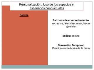 Personalización, Uso de los espacios y
      escenarios conductuales

Porche
                       Patrones de comportamiento:
                      recrearse, leer, descansar, hacer
                                   ejercicio.


                               Milieu: porche


                            Dimensión Temporal:
                       Principalmente horas de la tarde
 