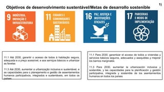 Objetivos de desenvolvimento sustentável/Metas de desarrollo sostenible
11.1 Até 2030, garantir o acesso de todos à habitação segura,
adequada e a preço acessível, e aos serviços básicos e urbanizar
as favelas
11.3 Até 2030, aumentar a urbanização inclusiva e sustentável, e
as capacidades para o planejamento e gestão de assentamentos
humanos participativos, integrados e sustentáveis, em todos os
países
11.1 Para 2030, garantizar el acceso de todos a viviendas y
servicios básicos seguros, adecuados y asequibles y mejorar
los barrios marginales
11.3 Para 2030, aumentar la urbanización inclusiva y
sostenible, y las capacidades para la planificación y gestión
participativa, integrada y sostenible de los asentamientos
humanos en todos los países
1)
 