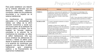 Problemas recurrentes Definición Cómo impacta en el sistema de vivienda
POBREZA La pobreza es consecuencia del capitalismo y la
globalización, entorno a una vinculación en la
carencia de varios elementos como falta de
ingresos, educación, vivienda y salud (López,
Flor M. 2017).
Hay escasez de vivienda digna en las
comunidades debido a la urbanización
descontrolada
ODS 1 Tiene como meta el erradicar la pobreza
extrema para todas las personas en el mundo.
SEGREGACIÓN Un espacio segregado socialmente en relación
con la ciudad en su
totalidad; es el lado oscuro, negativo, del
desarrollo urbano por su nulo valor urbanístico,
deficiente accesibilidad, escasa mezcla de usos
de suelo, falta de espacios públicos y
predominio de vivienda de baja calidad, al
grado que algunos la califican como la no-
ciudad (López, Flor M. 2017).
La migración a las ciudades ha hecho que
población viva en periferias y no tenga acceso a
servicios básicos
La ODS 11 tiene como objetivo el lograr que las
ciudades y los asentamientos humanos sean
inclusivos, seguros, resilientes y sostenible.
VULNERABILIDAD Describe la inhabilitación de los derechos de las
personas y en materia de vivienda social
proyecta cuestiones como la accesibilidad, la
calidad urbana del entorno, los servicios, la
movilidad y las infraestructuras adecuadas para
mejorar la calidad de vida (Ballén, S. 2017)
Grupos vulnerables no tienen acceso a vivienda
ni servicios básicos.
- ODS 11 Se necesita mejorar la Planificación y
la gestión urbana para que los espacios urbanos
sean inclusivos, seguros, resilientes y sostenibles,
se requiere proyectar todo tema de servicios, una
vivienda digna, contemplar y tener en cuenta el
patrimonio cultural, reducir el impacto ambiental.
Para poder establecer una relación
de la vivienda adecuada con los
derechos universales, debemos
corroborar cuáles son los problemas
recurrentes y su impacto en el
sistema habitacional.
La insuficiencia de viviendas
adecuadas y la vulnerabilidad del
hábitat, son reflejo de la difícil
situación económica y social que
vive buena parte de la población de
América Latina y el Caribe. Con la
finalidad de formular objetivos
orientados a la solución de la
insuficiencia de viviendas, se utiliza
el déficit habitacional, cifra que
busca sintetizar las deficiencias en
vivienda y hábitat. El déficit cubre
desde la ausencia total de vivienda
a la ausencia de condiciones que
aseguren una vida digna. El déficit
habitacional guía programas
públicos y de financiamiento de
organismos multilaterales.
 