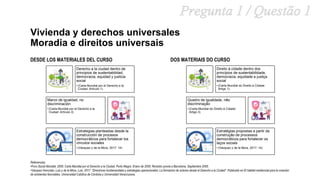 Vivienda y derechos universales
Moradia e direitos universais
DESDE LOS MATERIALES DEL CURSO
Derecho a la ciudad dentro de
principios de sustentabilidad,
democracia, equidad y justicia
social
• (Carta Mundial por el Derecho a la
Ciudad: Artículo 1).
Marco de igualdad, no
discriminación
• (Carta Mundial por el Derecho a la
Ciudad: Artículo 3)
Estrategias planteadas desde la
construcción de procesos
democráticos para fortalecer los
vínculos sociales
• (Vázquez y de la Mora, 2017: 14)
DOS MATERIAIS DO CURSO
Direito à cidade dentro dos
princípios de sustentabilidade,
democracia, equidade e justiça
social
• (Carta Mundial do Direito à Cidade:
Artigo 1).
Quadro de igualdade, não
discriminação
• (Carta Mundial do Direito à Cidade:
Artigo 3)
Estratégias propostas a partir da
construção de processos
democráticos para fortalecer os
laços sociais
• (Vázquez y de la Mora, 2017: 14)
Referencias:
•Foro Social Mundial. 2005. Carta Mundial por el Derecho a la Ciudad. Porto Alegre. Enero de 2005. Revisión previa a Barcelona, Septiembre 2005.
•Vázquez Honorato, Luis y de la Mora, Luis. 2017. “Directrices fundamentales y estrategias operacionales: La formación de actores desde el Derecho a la Ciudad”. Publicado en El hábitat residencial para la creación
de ambientes favorables. Universidad Católica de Córdoba y Universidad Veracruzana.
 