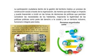 La participación ciudadana dentro de la gestión del territorio implica un proceso de
construcción social a través de la organización, de manera que esto traiga un impacto
y pueda trascender e incidir en las tomas de decisiones de políticas que permitan
considerar las necesidades de los habitantes, mejorando la legitimidad de las
políticas públicas como parte del derecho a la ciudad y de un territorio inclusivo,
funcional e integral para todos.
 