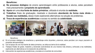 Benefícios:
a) No processo dialógico de ensino aprendizagem entre professores e alunos, estes percebem
mais precisamente o propósito do aprendizado.
b) Apoio em uma rica fonte de dados primários, utilizada é oriunda da realidade.
c) Trabalhos finais de graduação, mestrado e doutorado abordando de forma mais direta e
focado nas realidades, desse modo explorando alternativas na solução de problemas.
d) Troca de experiências acadêmicas e sociais no sentido da coletividade.
Beneficios:
a) En el proceso dialógico de enseñanza y aprendizaje entre docentes y alumnos, estos perciben con mayor precisión el
propósito del aprendizaje.
b) Con el apoyo de una rica fuente de datos primarios, se utiliza se deriva de la realidad.
c) Trabajos finales de grado, maestría y doctorado acercándose de una manera más directa y enfocada a las realidades,
explorando así alternativas en la resolución de problemas.
d) Intercambio de experiencias académicas y sociales en el sentido de comunidad.
 