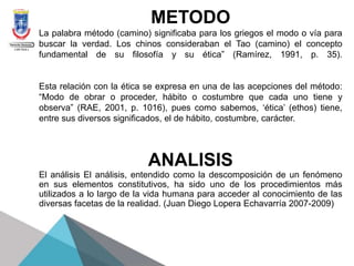 METODO
La palabra método (camino) significaba para los griegos el modo o vía para
buscar la verdad. Los chinos consideraban el Tao (camino) el concepto
fundamental de su filosofía y su ética” (Ramírez, 1991, p. 35).
Esta relación con la ética se expresa en una de las acepciones del método:
“Modo de obrar o proceder, hábito o costumbre que cada uno tiene y
observa” (RAE, 2001, p. 1016), pues como sabemos, ‘ética’ (ethos) tiene,
entre sus diversos significados, el de hábito, costumbre, carácter.
ANALISIS
El análisis El análisis, entendido como la descomposición de un fenómeno
en sus elementos constitutivos, ha sido uno de los procedimientos más
utilizados a lo largo de la vida humana para acceder al conocimiento de las
diversas facetas de la realidad. (Juan Diego Lopera Echavarría 2007-2009)
 