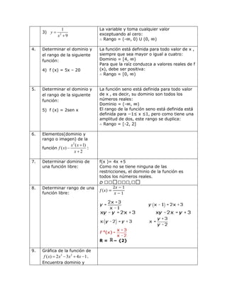 3) 2
1
9
y
x


La variable y toma cualquier valor
exceptuando al cero:
∴ Rango = (-∞, 0) U (0, ∞)
4. Determinar el dominio y
el rango de la siguiente
función:
4) f (x) = 5x – 20
La función está definida para todo valor de x ,
siempre que sea mayor o igual a cuatro:
Dominio = [4, ∞)
Para que la raíz conduzca a valores reales de f
(x), debe ser positiva:
∴ Rango = [0, ∞)
5. Determinar el dominio y
el rango de la siguiente
función:
5) f (x) = 2sen x
La función seno está definida para todo valor
de x , es decir, su dominio son todos los
números reales:
Dominio = (-∞, ∞)
El rango de la función seno está definida está
definida para −1≤ x ≤1, pero como tiene una
amplitud de dos, este rango se duplica:
∴ Rango = [-2, 2]
6. Elementos(dominio y
rango o imagen) de la
función
2
( 1)
( )
2
x x
f x
x



:
7. Determinar dominio de
una función libre:
f(x )= 4x +5
Como no se tiene ninguna de las
restricciones, el dominio de la función es
todos los números reales.
D ,
8. Determinar rango de una
función libre:
𝑓(𝑥) =
2𝑥 − 1
𝑥 − 1
R = − {2}
9. Gráfica de la función de
3 2
( ) 2 3 4 1f x x x x    .
Encuentra dominio y
 