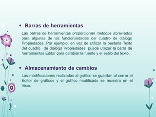  Barras de herramientas 
Las barras de herramientas proporcionan métodos abreviados 
para algunas de las funcionalidades del cuadro de diálogo 
Propiedades. Por ejemplo, en vez de utilizar la pestaña Texto 
del cuadro de diálogo Propiedades, puede utilizar la barra de 
herramientas Editar para cambiar la fuente y el estilo del texto. 
 Almacenamiento de cambios 
Las modificaciones realizadas al gráfico se guardan al cerrar el 
Editor de gráficos y el gráfico modificado se muestra en el 
Visor. 
 