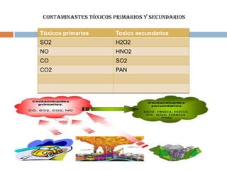 Contaminantes tóxicos primarios y secundarios

Tóxicos primarios       Toxico secundarios
SO2                     H2O2
NO                      HNO2
CO                      SO2
CO2                     PAN
 