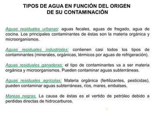 TIPOS DE AGUA EN FUNCIÓN DEL ORIGEN
                 DE SU CONTAMINACIÓN


Aguas residuales urbanas: aguas fecales, aguas de fregado, agua de
cocina. Los principales contaminantes de éstas son la materia orgánica y
microorganismos.

Aguas residuales industriales: contienen casi todos los tipos de
contaminantes (minerales, orgánicas, térmicos por aguas de refrigeración).

Aguas residuales ganaderas: el tipo de contaminantes va a ser materia
orgánica y microorganismos. Pueden contaminar aguas subterráneas.

Aguas residuales agrícolas: Materia orgánica (fertilizantes, pesticidas),
pueden contaminar aguas subterráneas, ríos, mares, embalses.

Mareas negras. La causa de éstas es el vertido de petróleo debido a
perdidas directas de hidrocarburos.
                                                   26
 