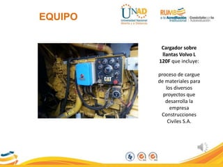 EQUIPO
Cargador sobre
llantas Volvo L
120F que incluye:
proceso de cargue
de materiales para
los diversos
proyectos que
desarrolla la
empresa
Construcciones
Civiles S.A.
 