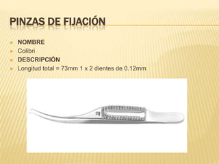 PINZAS DE FIJACIÓN
 NOMBRE
 Colibri
 DESCRIPCIÓN
 Longitud total = 73mm 1 x 2 dientes de 0.12mm
 
