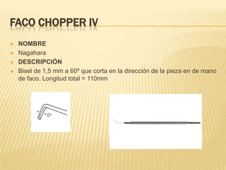 FACO CHOPPER IV
 NOMBRE
 Nagahara
 DESCRIPCIÓN
 Bisel de 1,5 mm a 60º que corta en la dirección de la pieza en de mano
de faco. Longitud total = 110mm
 