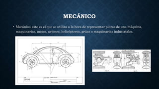 MECÁNICO
• Mecánico: este es el que se utiliza a la hora de representar piezas de una máquina,
maquinarias, motos, aviones, helicópteros, grúas o maquinarias industriales.
 