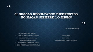 “
”
SI BUSCAS RESULTADOS DIFERENTES,
NO HAGAS SIEMPRE LO MISMO
ALBERT EINSTEIN
INTEGRANTES DEL EQUIPO:
• AGUILAR CERVANTES ALEJANDRO
• DANIEL RIVERA SERGIO ALAN
• JIMENEZ VAZQUEZ JESICA
• MEDINA PEDRAZA SANDOR DAVID
• MELO PEREZ ALEJANDRO JHONATAN
GRUPO: 2RM2
PROFESOR:
GARCIA MONROY FELIPE DE JESUS
 