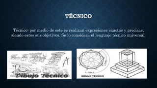 TÉCNICO
Técnico: por medio de este se realizan expresiones exactas y precisas,
siendo estos sus objetivos. Se lo considera el lenguaje técnico universal.
 