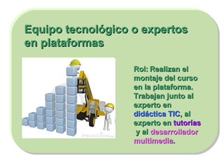Equipo tecnológico o expertos en plataformas Rol:   Realizan el montaje del curso en la plataforma. Trabajan junto al experto en   didáctica TIC ,   al experto en   tutorías   y al   desarrollador multimedia . 